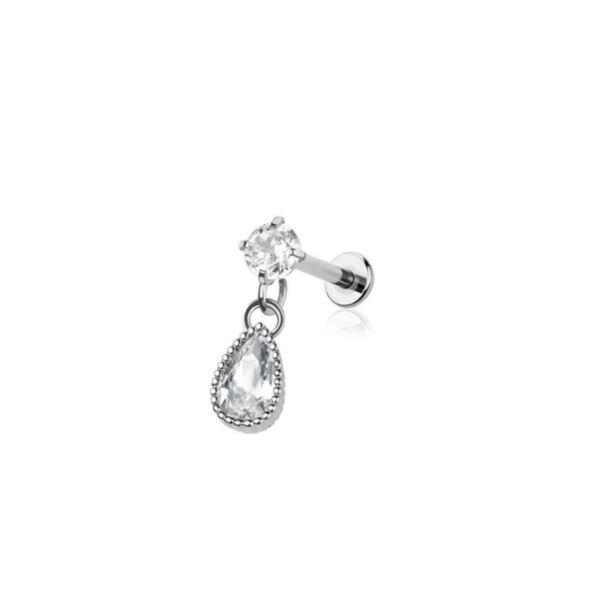 Internally Threaded Labret with Prong Set Crystal and Teardrop Dangle