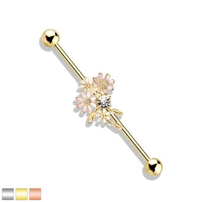 Coloured industrial barbell with pink flowers and crystals