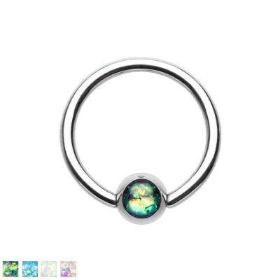 Silver ball closure ring with coloured opal stone ball
