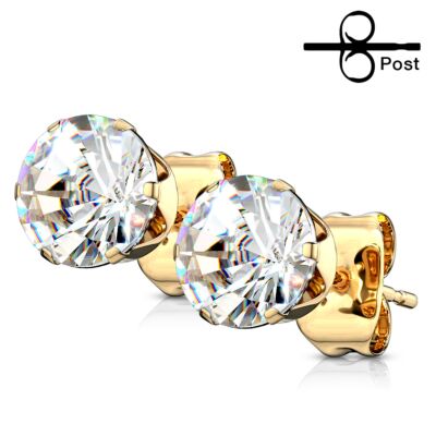 Pair gold ear studs clear round crystal